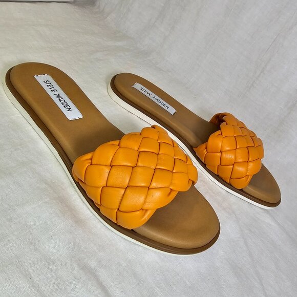 Paislee Braided Vegan Leather Orange Slip On Open Toe Slide Sandals Slippers 8 - Picture 2 of 7
